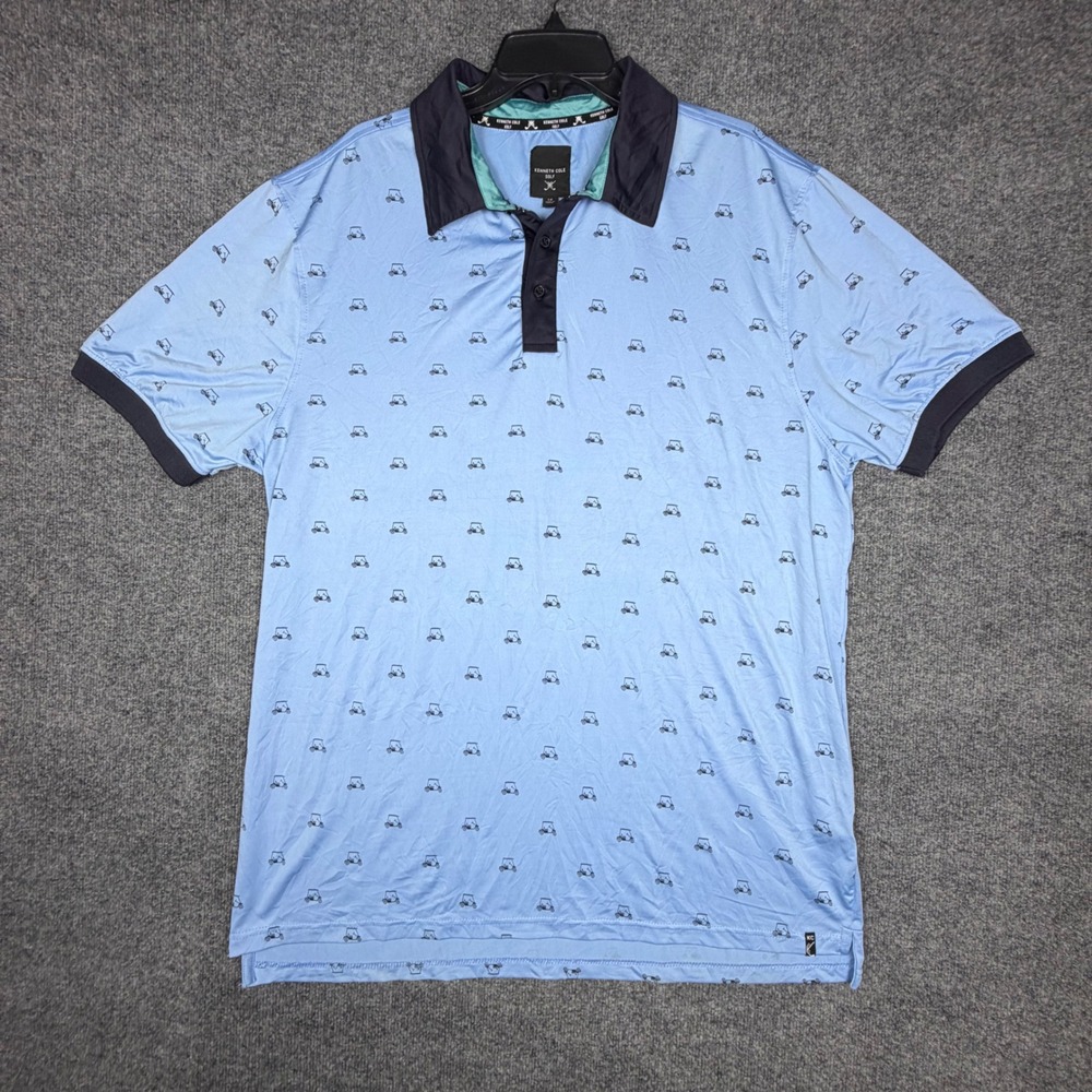 Kenneth Cole‎ Golf Mens 1X Light Blue Golf Cart Print Polo Shirt Short Sleeve
